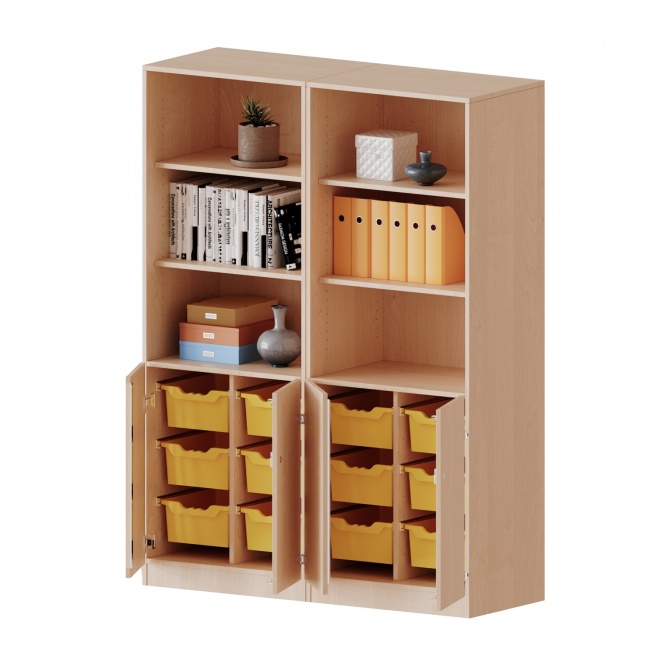 ErgoTray Schrank, 4reihig, 2OH unten Türen, 12 hohe Boxen, oben 3OH Regal, B/H/T 140,6x190x50cm 